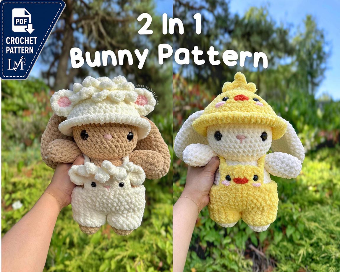 2 In 1 Bunny Plushie In Animal Outfits Crochet Pattern | Lamb and Duck Costume | Removable Overalls and Hat | Bunnies in Clothes